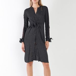 Black Plaid Print Wrap Tie Lace Trim Long Sleeve Midi Dress